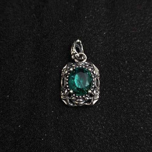 Vintage Oxidized Natural Gemstone Pendant Necklace | Luxury Trendy Unisex Hip-Hop Style with Sterling Silver Chain(YS-20250926-3)