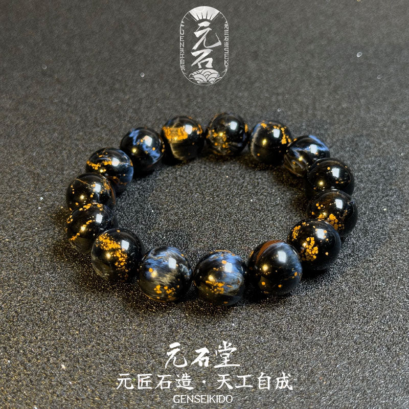 Collectible Grade Natural Pietersite 14MM Bead Bracelet with Cat's Eye Effect, Stormy Starry Sky and Universe Scattered Gold Oil Painting