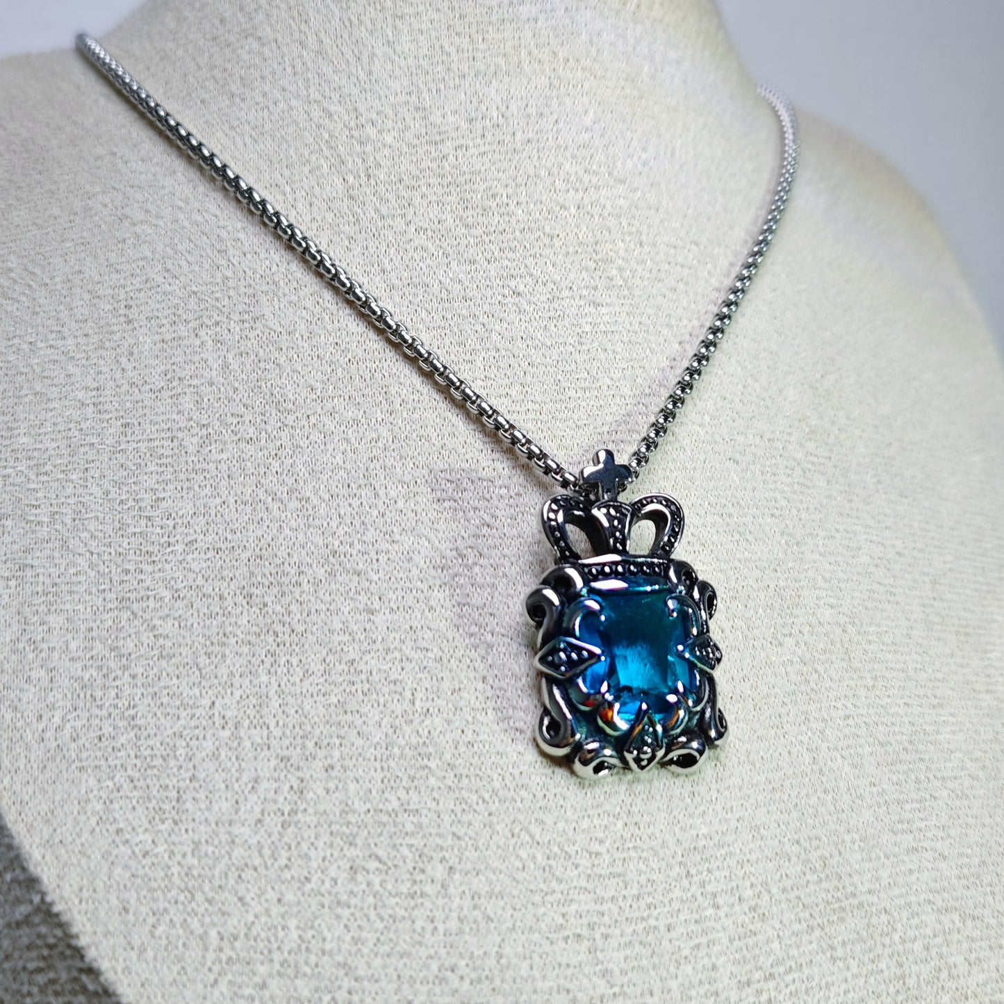 Vintage Crown Sapphire 316 Stainless Steel Pendant Necklace | Unisex Punk Fashion, 65cm Chain(GS-20250912-5)