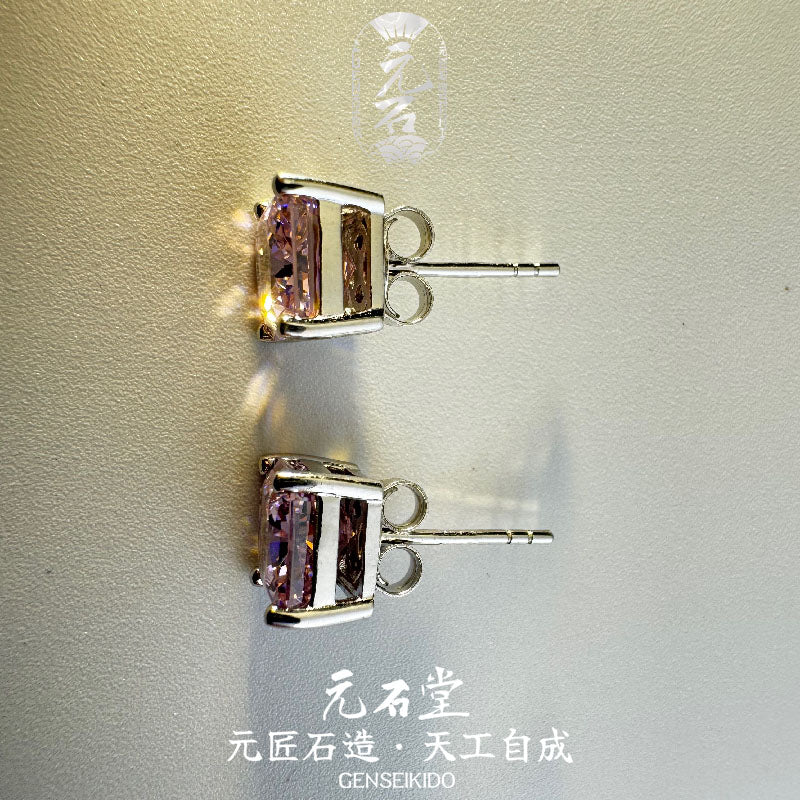 925 Sterling Silver Plated Square Four-Prong Ice Flower Cut Pink High Carbon Diamond Earrings