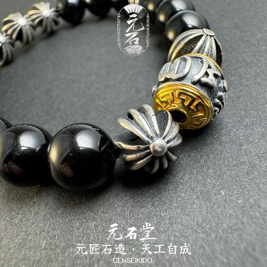 8MM Natural Black Tourmaline with 925 Sterling Silver Bracelet - Trendy Japanese Style