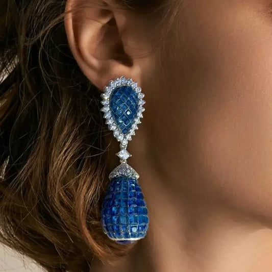 24ctw Asscher Cut Sapphire Invisible Setting Drop Earrings