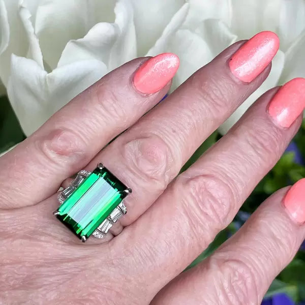 Art Deco 12.18ctw Emerald Cut Green Tourmaline Cocktail Ring