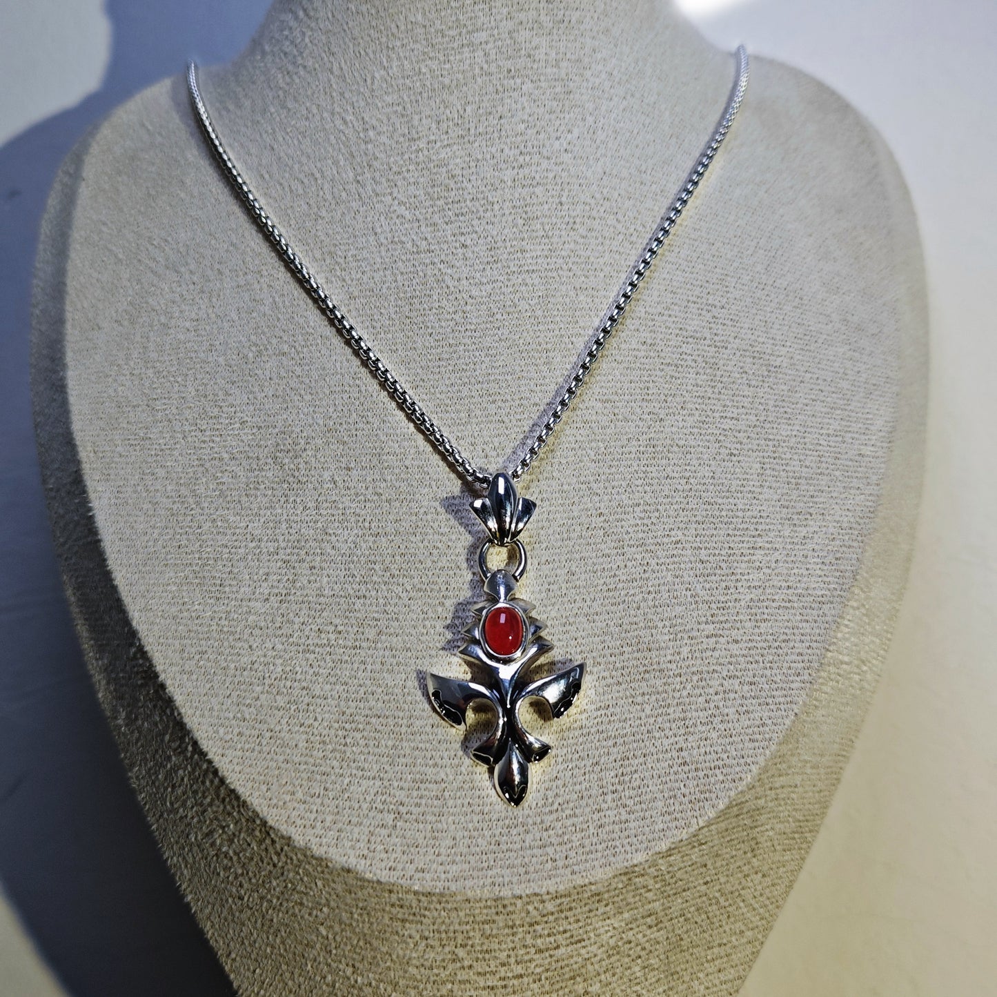 Vintage Cross Pendant Necklace with Red Gem | 316 Stainless Steel Punk Style, 65cm Chain（GS-20250912-7）