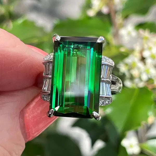 Art Deco 12.18ctw Emerald Cut Green Tourmaline Cocktail Ring