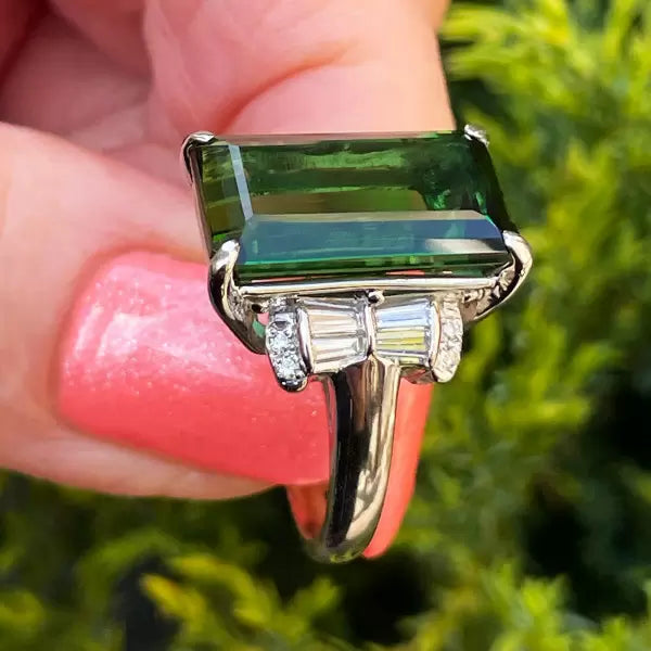 Art Deco 12.18ctw Emerald Cut Green Tourmaline Cocktail Ring