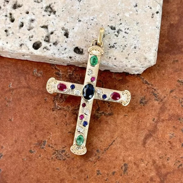 Vintage 4.5ctw Oval Cut Sapphire Ruby Emerald Pendant Necklace