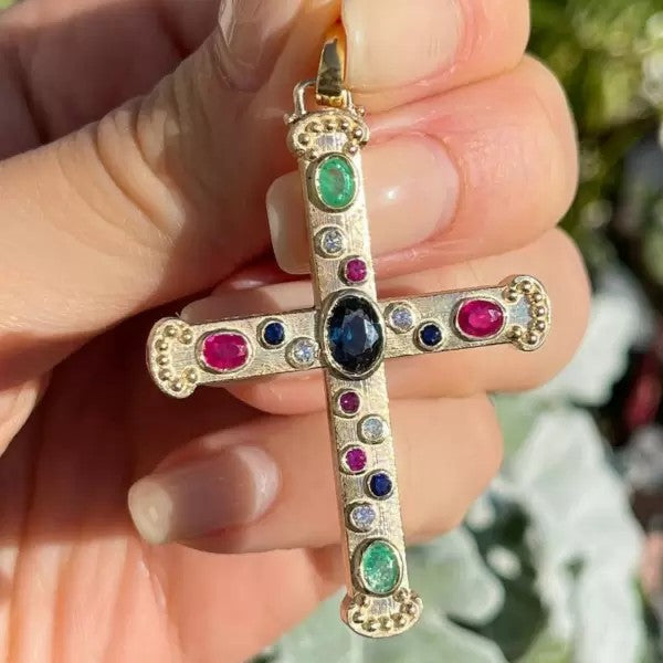 Vintage 4.5ctw Oval Cut Sapphire Ruby Emerald Pendant Necklace