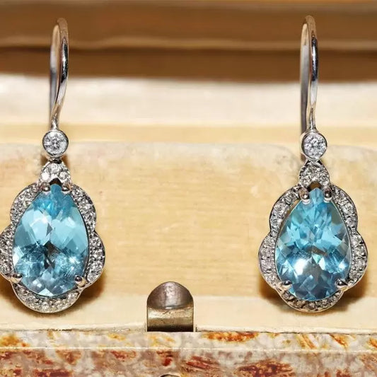 6ctw Pear Cut Aquamarine Decorated Drop Earrings