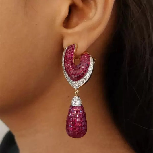 25ctw Asscher Cut Ruby Mystery Set Drop Earrings
