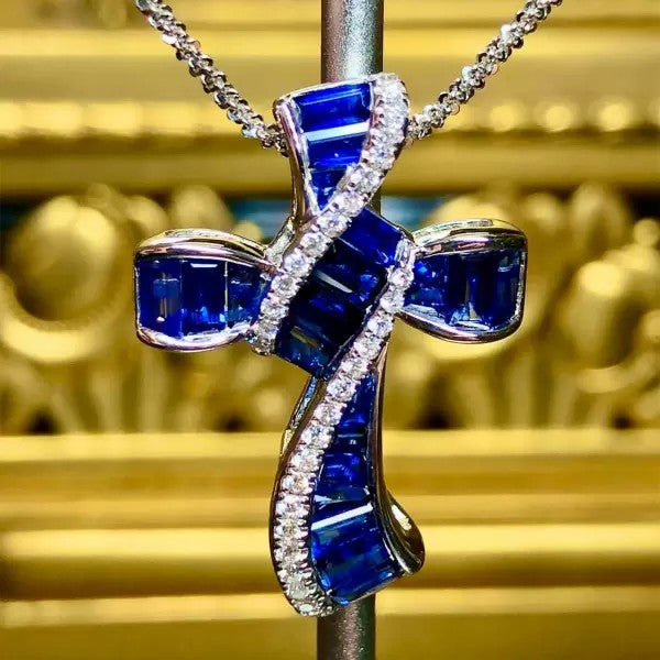 5.5ctw Baguette Cut Sapphire Cross Pendant Necklace