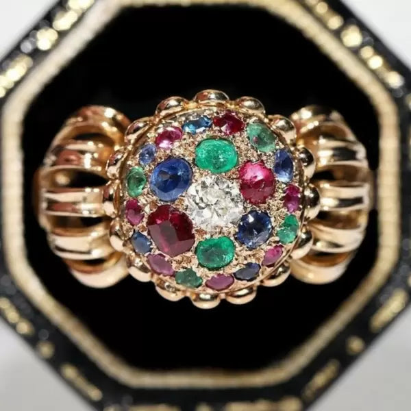 Vintage 3.3ctw Round Cut Ruby Sapphire Emerald Ring