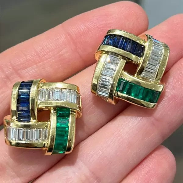 Art Deco 12ctw Baguette Cut Emerald Sapphire Stud Earrings