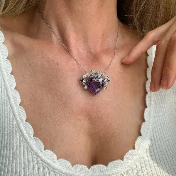 Vintage 12ctw Heart Cut Amethyst Pendant Necklace