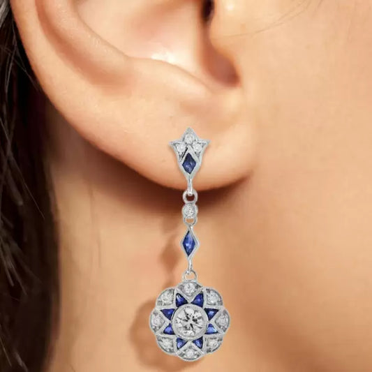 Art Deco 5.7ctw Round Cut Sapphire Floral Dangle Drop Earrings