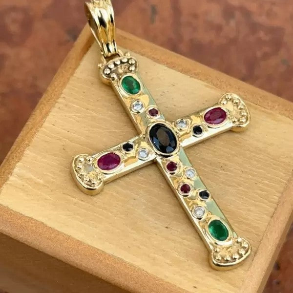 Vintage 4.5ctw Oval Cut Sapphire Ruby Emerald Pendant Necklace