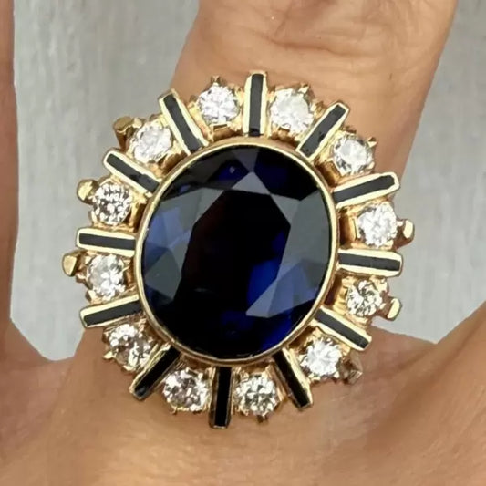 Vintage 9.72ctw Oval Cut Sapphire Black Enamel Halo Cluster Ring