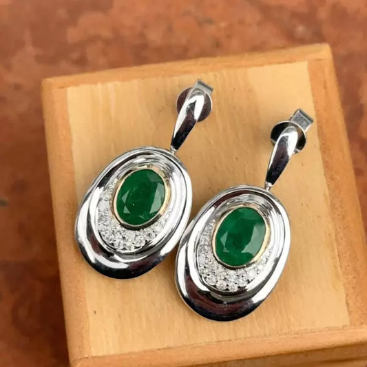 Vintage 6.6ctw Oval Cut Emerald Pave Drop Earrings