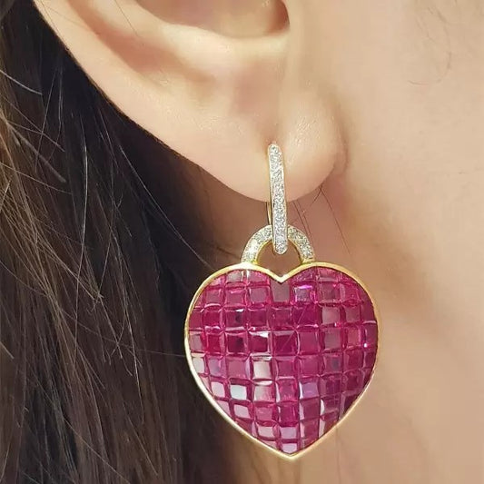 36ctw Asscher Cut Ruby Heart-Shape Invisible Set Drop Earrings