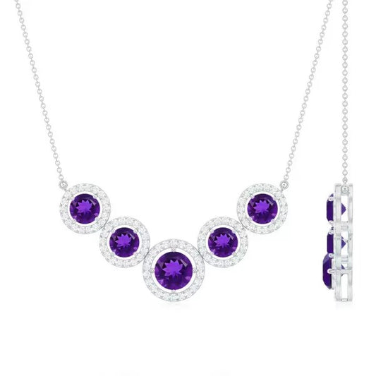 10ctw Round Cut Amethyst Five Stone Halo Pendant Necklace