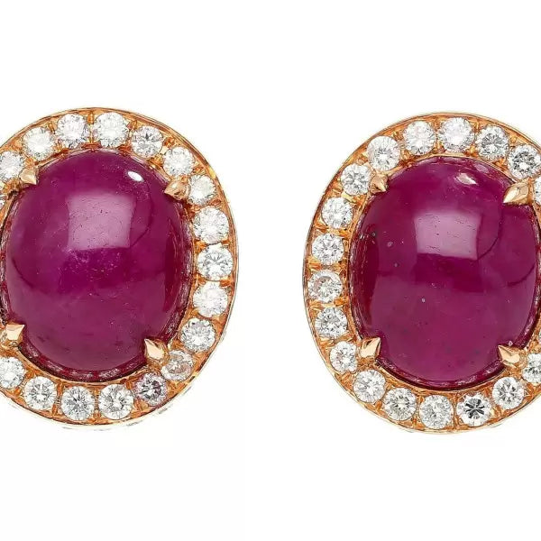 15.16ctw Cabochon Cut Ruby Halo Stud Earrings