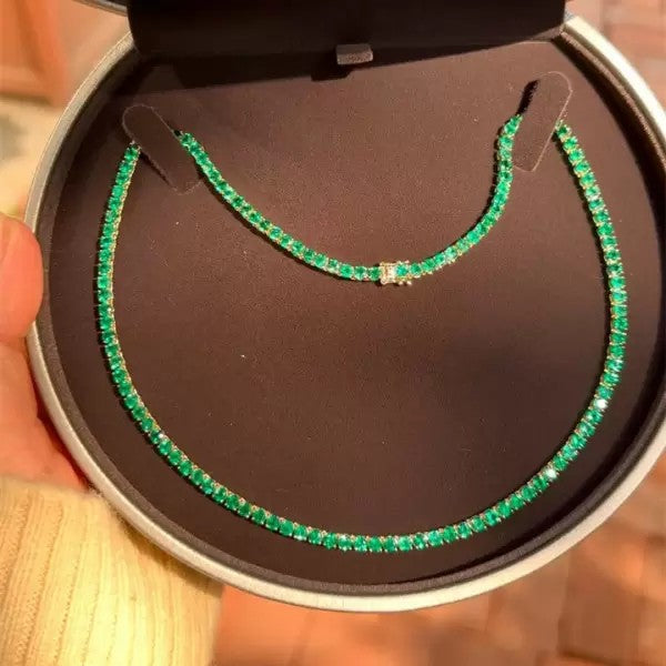 12.5ct Round Cut Emerald Tennis Statement Necklace