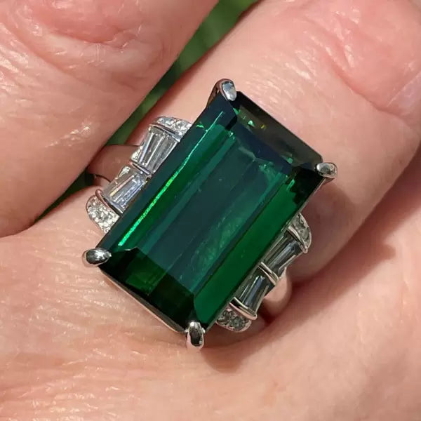 Art Deco 12.18ctw Emerald Cut Green Tourmaline Cocktail Ring