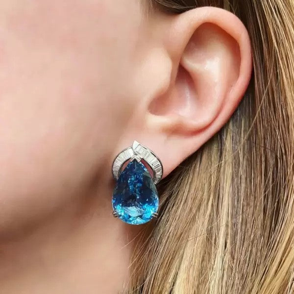 28ctw Pear Cut Aquamarine Drop Earrings