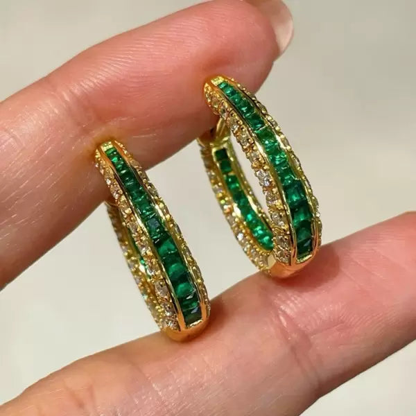 Vintage 8ctw Asscher Cut Emerald Hoop Earrings
