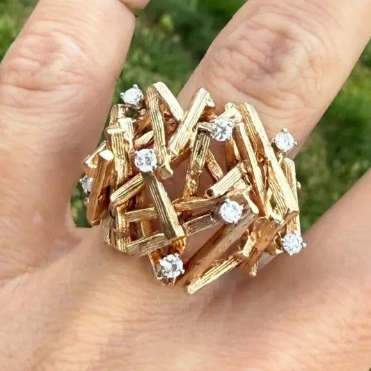 Vintage Brutalist Round Cut White Sapphire Band Ring