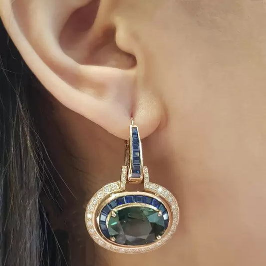 24.46ctw Oval Cut Green Sapphire Drop Earrings