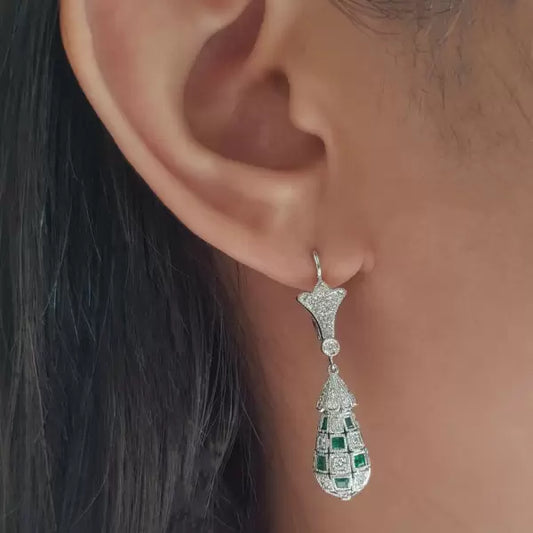 Vintage 4.8ctw Asscher Cut Emerald Drop Earrings
