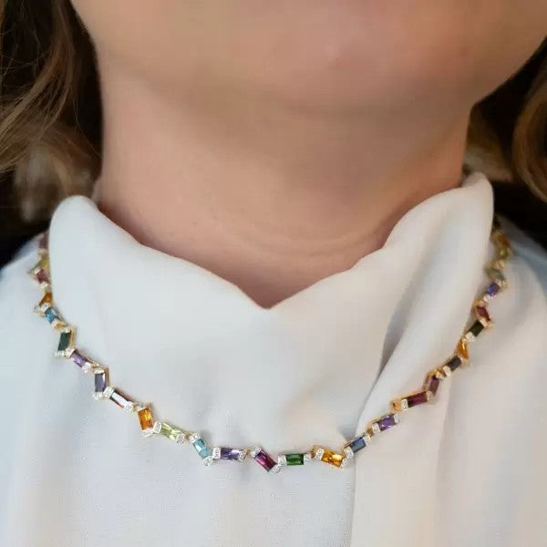 12.75ctw Baguette Cut Rainbow Sapphire Statement Necklace