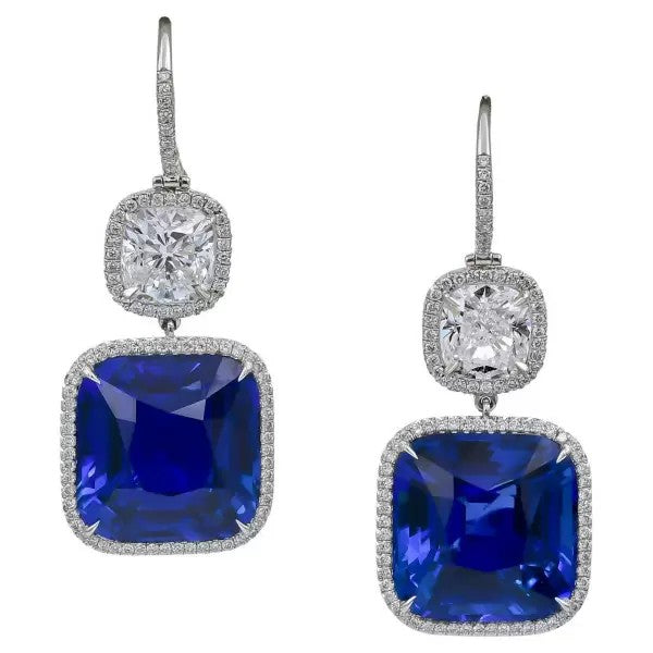 33ctw Cushion Cut Sapphire Pave Halo Drop Earrings
