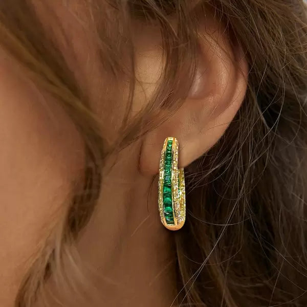 Vintage 8ctw Asscher Cut Emerald Hoop Earrings