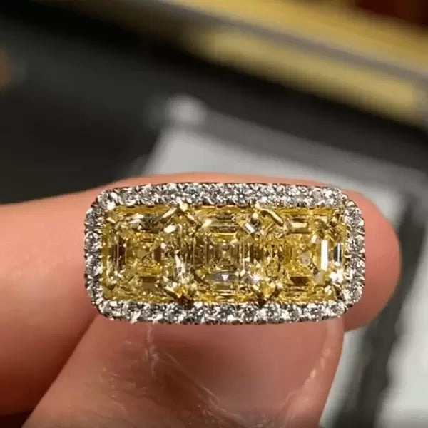 6.11ct Asscher Cut Three-stone Yellow Sapphire Engagement Ring