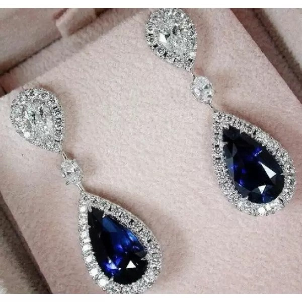 Handmade 4 Ct Pear Shape Sapphire 925 Silver Earrings