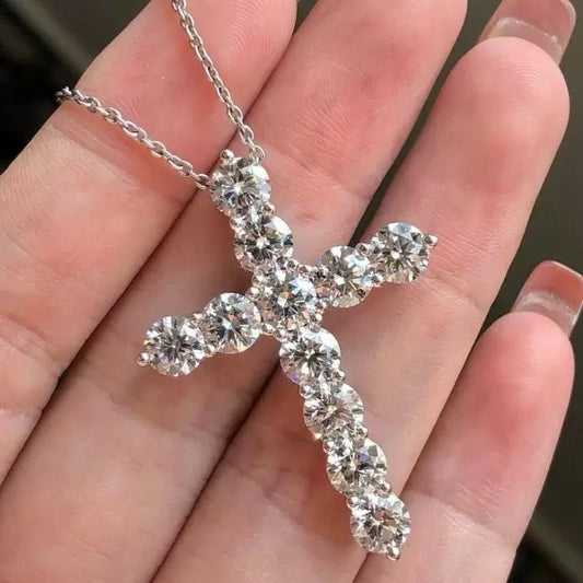 10.5Ctw Round Cut White Sapphire Cross Pendant Necklace