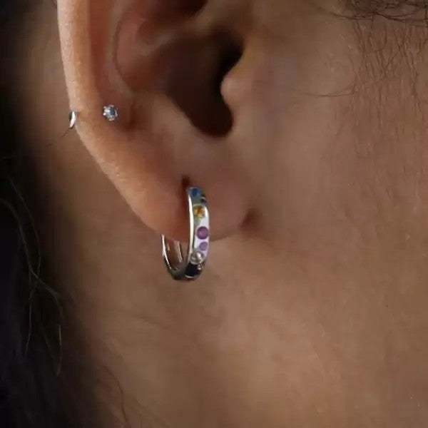 2.2ctw Round Cut Multi Sapphire Flush Set Dainty Hoop Earrings