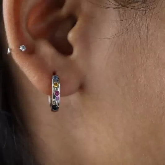 2.2ctw Round Cut Multi Sapphire Flush Set Dainty Hoop Earrings