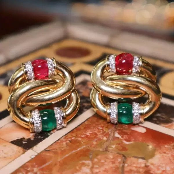 14.2ctw Cabochon Cut Ruby & Emerald Link Clip Earrings
