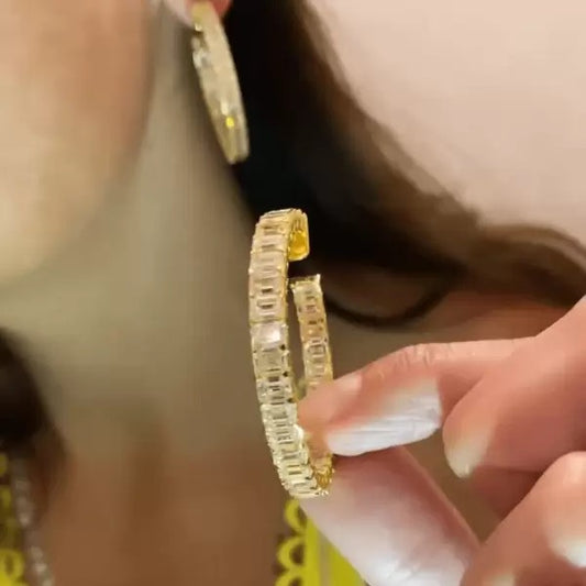 20ct Emerald Cut White Sapphire Hoops in Gold