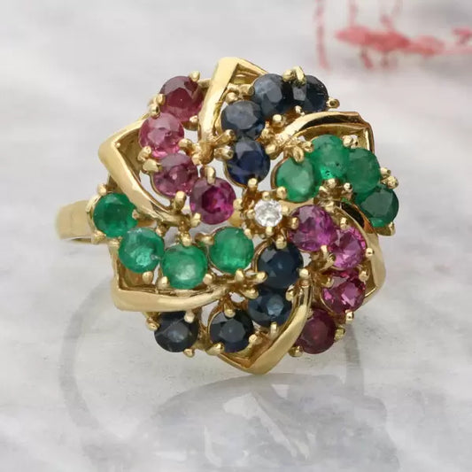 3.2ctw Round Cut Ruby Emerald Sapphire Cocktail Ring