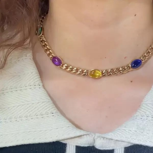 24ctw Oval Cut Multicolor Sapphire Link Chain Statement Necklace