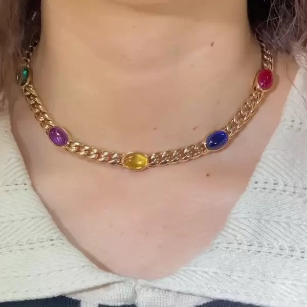 24ctw Oval Cut Multicolor Sapphire Link Chain Statement Necklace