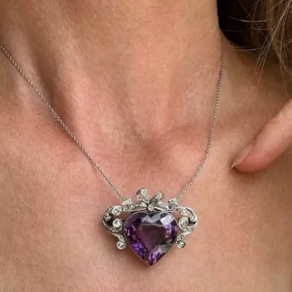 Vintage 12ctw Heart Cut Amethyst Pendant Necklace
