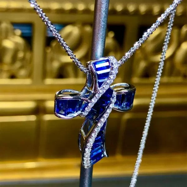 5.5ctw Baguette Cut Sapphire Cross Pendant Necklace