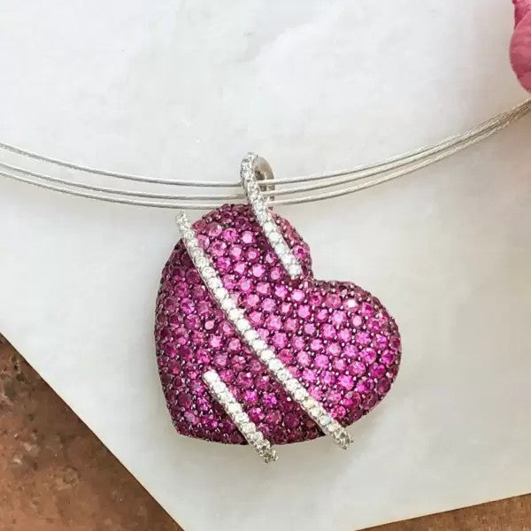 7.5ctw Round Cut Pink Sapphire Pave Heart Pendant Necklace