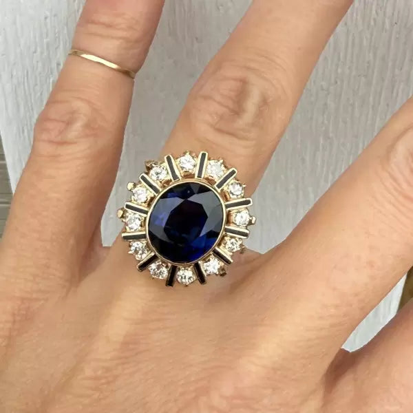 Vintage 9.72ctw Oval Cut Sapphire Black Enamel Halo Cluster Ring