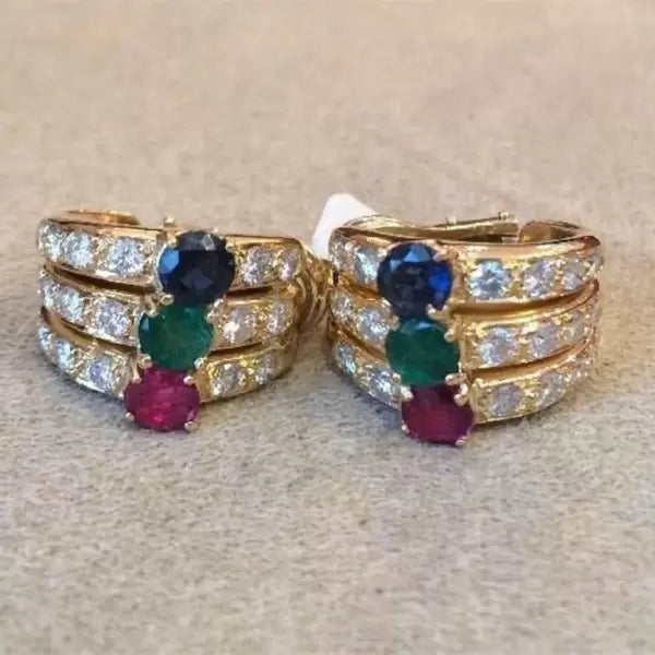 8ctw Round Cut Sapphire Ruby Emerald Hoop Earrings